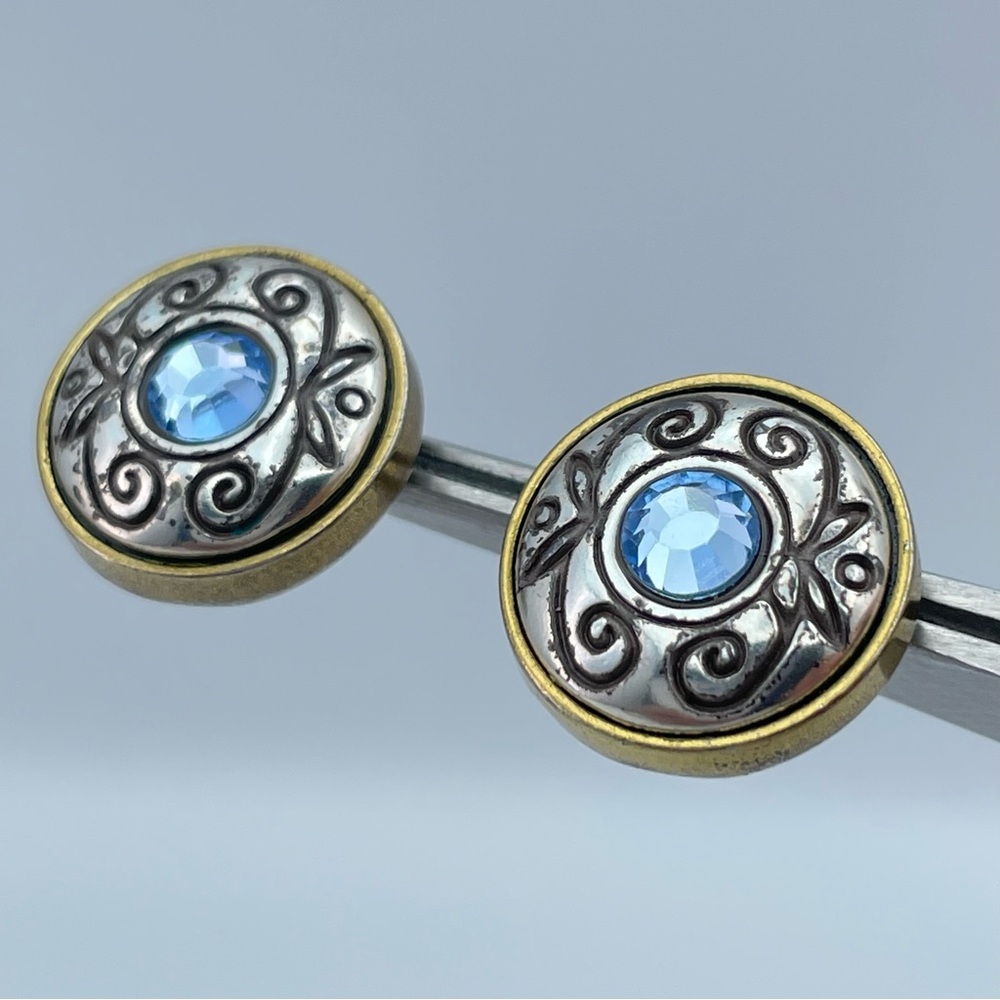 Brighton Vintage Blue Swarovski Crystal Round Stud Earrings Silver Gold